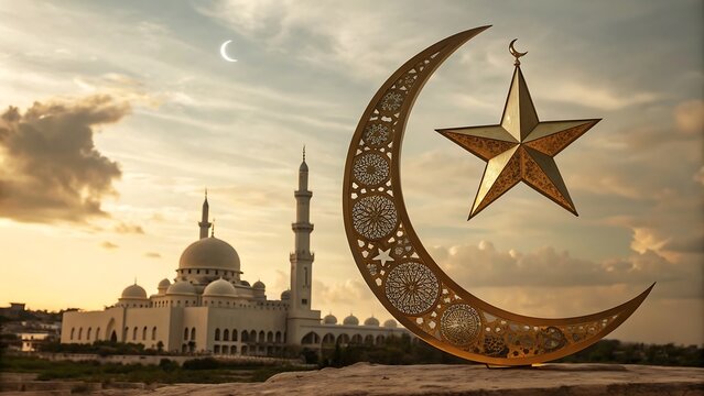 Ramadan Kareem vector illustration with 3D golden metallic mosque and crescent moon with shadow. AI GENERATED.