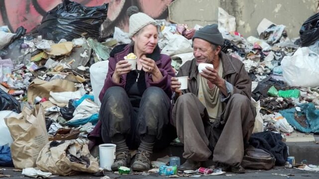 Homeless elderly couple sitting among garbage drinking hot tea shows poverty struggle, social inequality, urban crisis, survival reality, humanitarian issue documentary footage