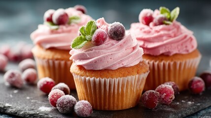 Three cupcakes with pink frosting and cranberries on a dark slate plate