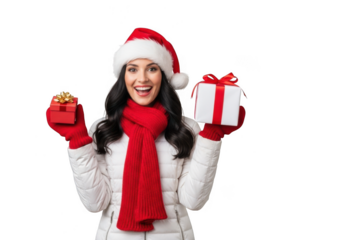 A smiling woman wearing a santa hat and scarf, holding two christmas gifts, isolated on transparent background