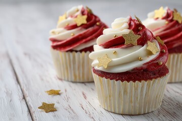 Three red velvet cupcakes with cream cheese frosting and golden stars
