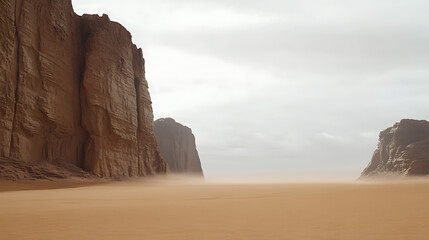 Vast desert landscape featuring towering rock formations under a muted sky, creating a sense of isolation and grandeur, with the blowing sand blurring the horizon.