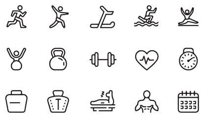 Fototapeta premium Health and exercise vector icons — clean outline illustrations of fitness, gym equipment, and sport activities for modern designs