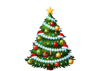 Fototapeta premium A beautifully decorated christmas tree with ornaments, lights, santa hats, and a star on top, isolated on a transparent background for festive use
