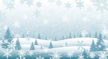 Embrace the winter wonderland with this stunning snowy landscape featuring delicate snowflakes and frosted trees, perfect for holiday promotions or greetings