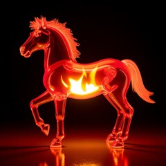 A red glass horse with fire.