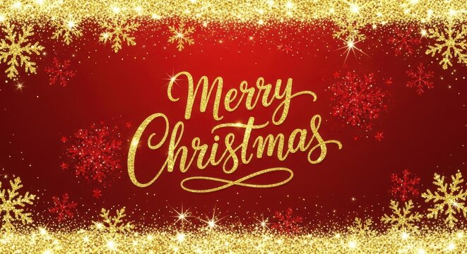 Stunning Merry Christmas message with sparkling gold snowflakes against a vibrant red background, ideal for holiday greetings and festive promotions - Powered by Adobe