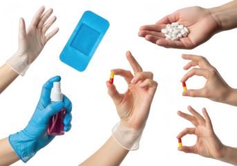 Collection of hands holding medical supplies like pills, spray, and bandage, isolated on transparent background