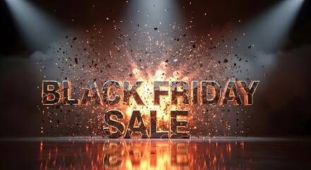 Black friday sale text explosion with particles and light on the dark background