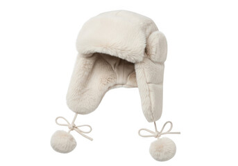 Warm and fluffy winter hat with ear flaps and pompoms, isolated on transparent background