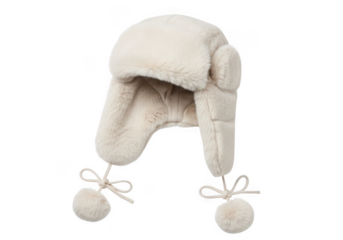 Warm and fluffy winter hat with ear flaps and pompoms, isolated on transparent background
