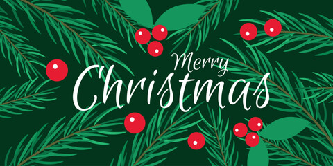 Merry Christmas banner. Branch, red berries, text on green background. Vector illustration