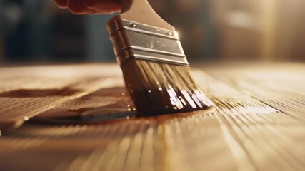 Hand applying wood varnish on wooden surface close up, painting brush coating timber texture, carpentry restoration detail, craftsman polishing floor with brown stain finish, home renovation craftsman - Powered by Adobe