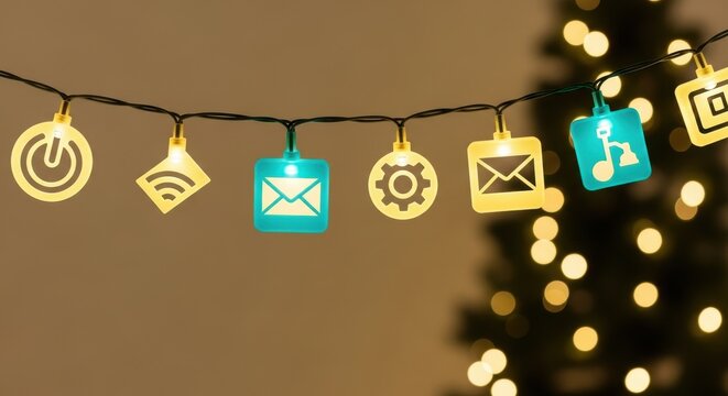 Festive tech holiday lights featuring email, power, wifi, and settings icons, perfect for modern holiday marketing campaigns and social media promotions