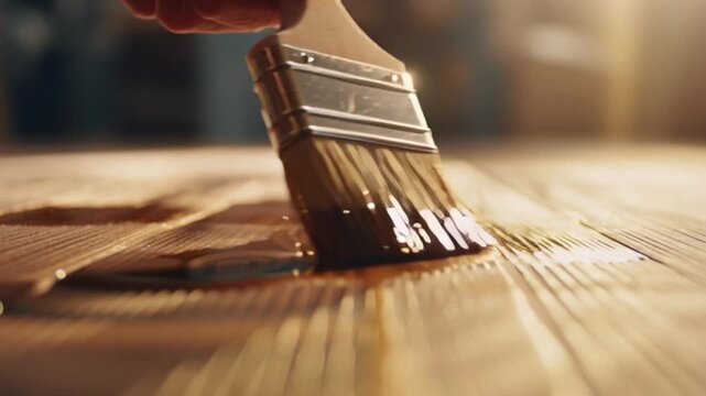 Hand applying wood varnish on wooden surface close up, painting brush coating timber texture, carpentry restoration detail, craftsman polishing floor with brown stain finish, home renovation craftsman