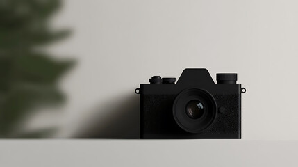 Monochrome camera on a reflective surface, capturing the essence of photography with its stark contrast against a muted backdrop, evoking a sense of creativity.