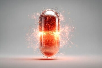Potent red capsule delivering powerful energy boost, visualized with electric sparks, perfect for health, energy, and pharmaceutical campaigns