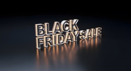 Black friday sale text with silver metallic letters on a dark reflective surface