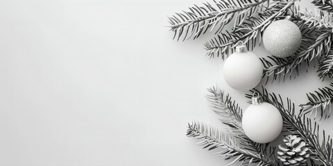 Karte f&uuml;r Weihnachten, weihnachtlicher Hintergrund mit Zweig und Kugeln, minimalistisch in weiss, Platz f&uuml;r Copytext	
