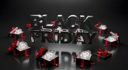 Black friday sale promotion with gift boxes and 50 off tag on black background