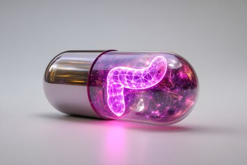 Innovative capsule with glowing colon design offers advanced gut health concepts for pharmaceutical marketing and medical education materials beautifully