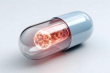 Innovative capsule reveals glowing microscopic cells, symbolizing breakthrough medical science and advanced pharmaceutical research