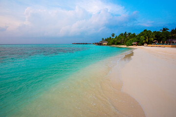 Tranquil closeup calm sea water waves with palm trees. Beautiful Panorama, Tropical island beach...