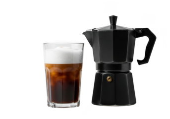 Black stovetop espresso maker next to a glass of iced coffee with foam, isolated on transparent background
