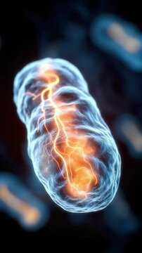Organelle powerhouse form: energy producer, internal fold, crista surface, glowing matrix, cellular mechanism, vibrant core, ATP region, membrane curve, mitochondrial trace, dynamic element