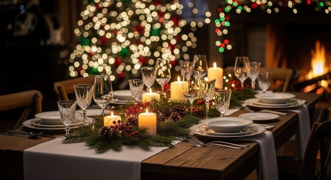 Elegant Christmas dinner table setup with candles, wine glasses, and festive decorations creates a warm, inviting holiday atmosphere for family and friends