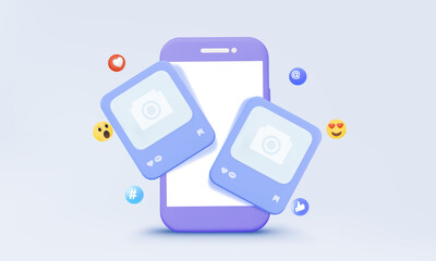 3D vector Advertising creative social media content marketing via post page community mobile phone technology picture photo frame emoji chat comment isolated on pastel background. illustration design