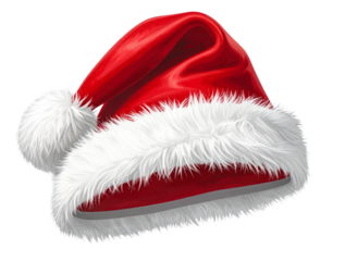  Classic Red Santa Hat with White Fur Trim and Pom Pom, Front View, Isolated on Transparent Background