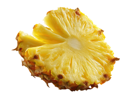 A close-up of a pineapple slice, showing the  bright yellow flesh and  distinct  brown  edges. The  slice is  slightly  angled,  revealing  the  central  core