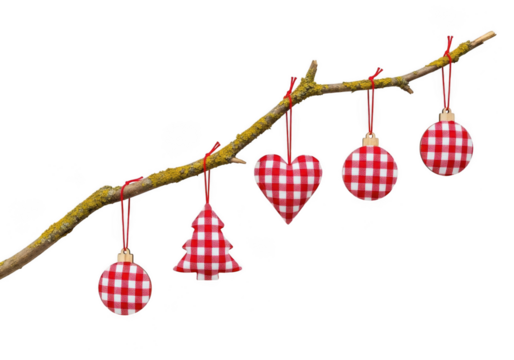 Red and white checkered christmas ornaments hanging on a branch, isolated on transparent background