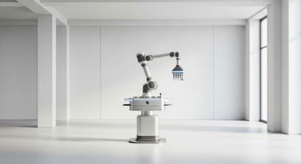 A robotic arm with micro-needle tools for skin treatment in a clean, modern white room. Future beauty clinic technology development and innovation.