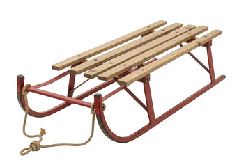 Vintage wooden sled with red metal frame and rope, isolated on transparent background
