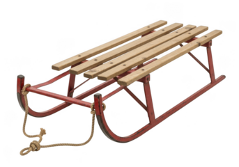 Vintage wooden sled with red metal frame and rope, isolated on transparent background