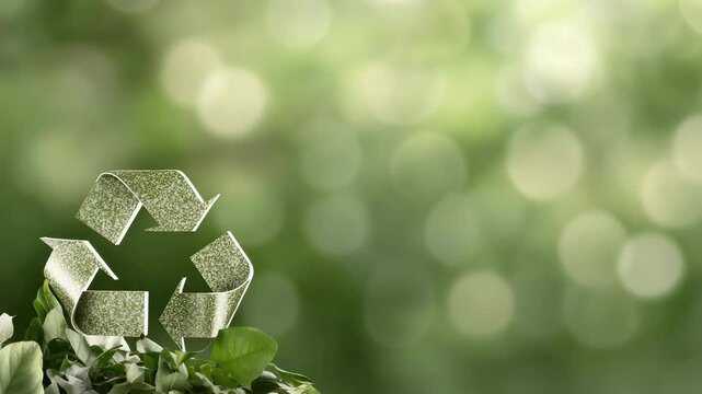 Sustainability emblem message: recycle banner, green symbol, nature layout, eco tone, leaf background, clean pattern, waste concept, planet focus, habit reminder, future shape, care message, earth