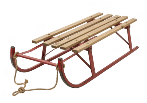 Vintage wooden sled with red metal frame and rope, isolated on transparent background