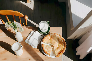 A warm and inviting scene featuring a traditional closed pie on a textured wooden table, a mug of milk and a soft white linen napkin, a cozy homemade breakfast mood,  calm morning, family gatherings