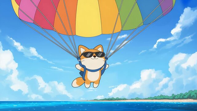 Cute cartoon dog skydiving with colorful parachute over ocean and beach image photo
