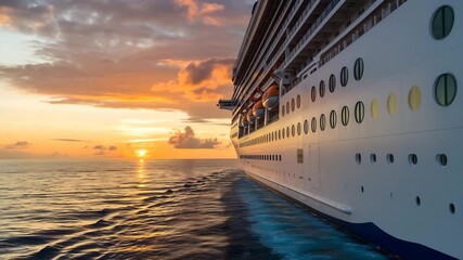 Cruise ship sailing on ocean at sunset with dramatic sky water - Powered by Adobe