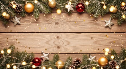 Create stunning holiday marketing materials with this festive Christmas themed wood background featuring ornaments, stars, and twinkling lights for a warm, cozy feel