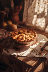 Traditional closed pie, autumn dessert, family traditions, homely values, nostalgic charm of a rustic kitchen, cozy kitchen moments, seasonal baking, family recipes, autumn food styling