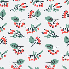 Seamless pattern with hand drawn with in Modern Folk style for winter holidays stylized bunches of currants Block Prints inspired by printmaking that uses wooden blocks to transfer repeating designs