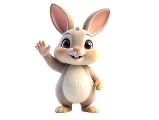 Obraz premium Cute 3D Cartoon Rabbit Standing and Waving, Front View, Isolated on White PNG 