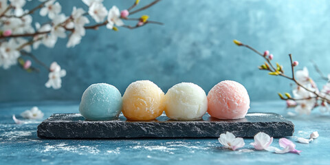 Assorted mochi ice cream scoops in pastel shades decorating a dark slate serving board, contrasting with delicate white cherry blossoms and decorative pearls