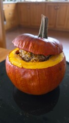 The best Halloween food. Halloween pumpkin stuffed with beef.