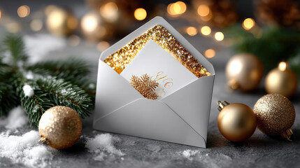 Blank greeting card in an open brown envelope surrounded by snow-dusted fir branches, golden pinecones, and Christmas ornaments, creating a festive holiday scene with copy space