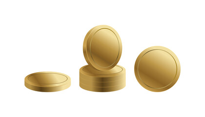 Six shiny golden coins presented in various arrangements, illustration symbolizes wealth, finance, currency, and treasure, suitable for business, gaming, and economic concepts.
